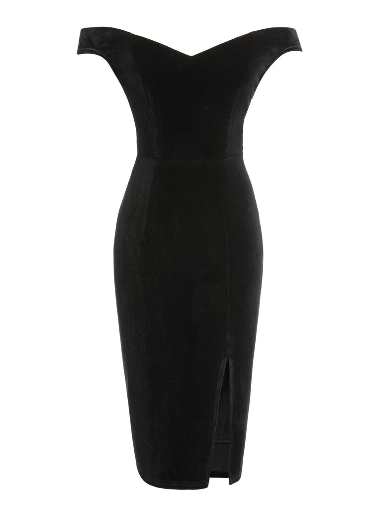 2PCS Schwarz 1960er Solide Kleid & Plüsch Kap