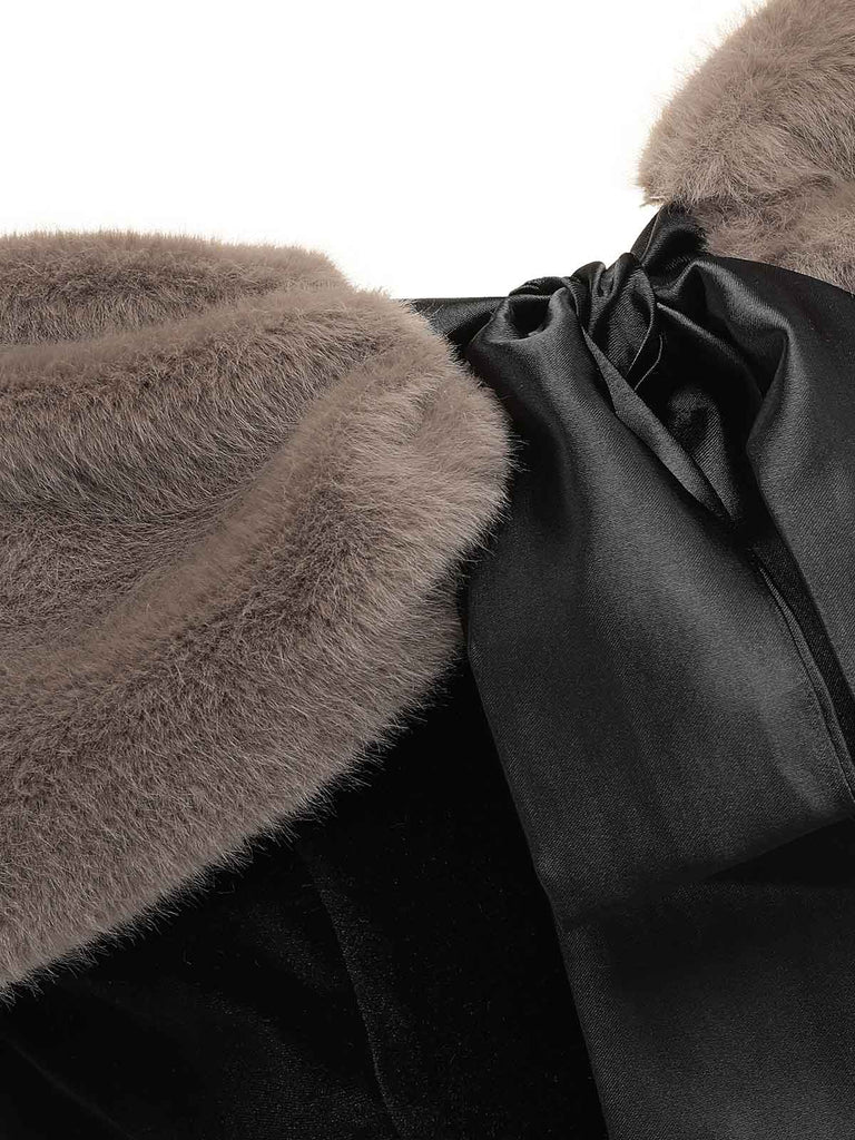 2PCS Schwarz 1960er Solide Kleid & Plüsch Kap