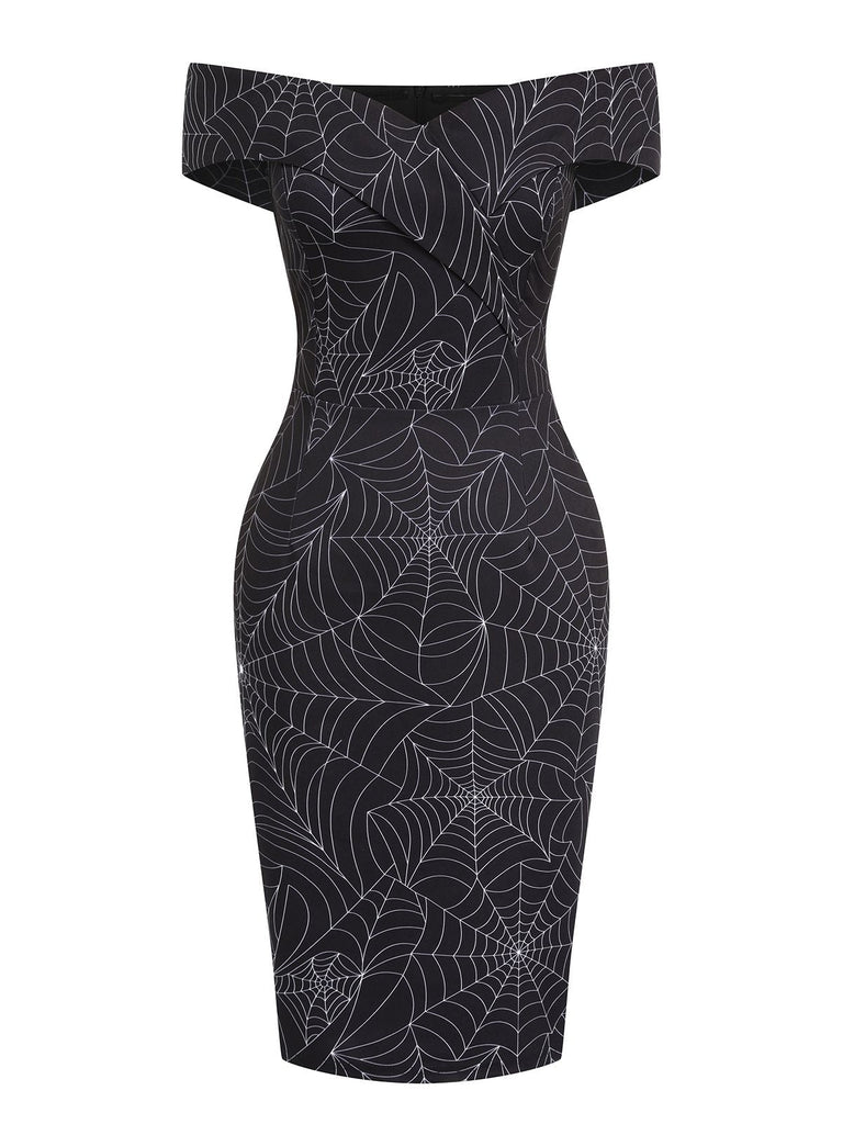 [Vorverkauf] Schwarz 1960er Halloween schulterfreies Spinnennetz Kleid
