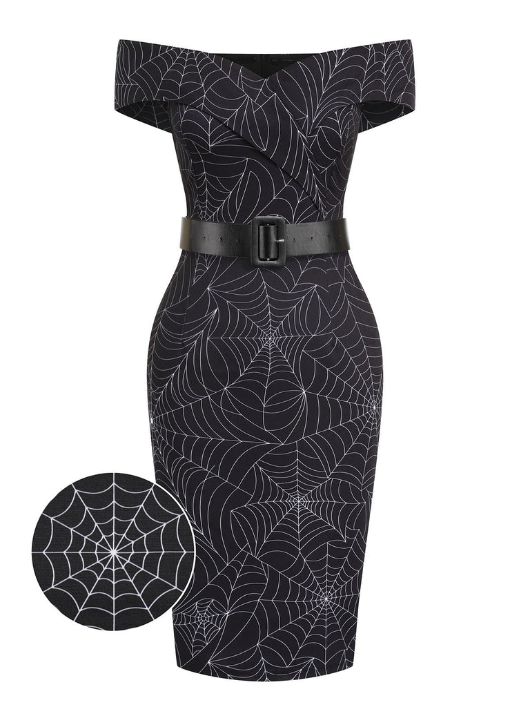 [Vorverkauf] Schwarz 1960er Halloween schulterfreies Spinnennetz Kleid
