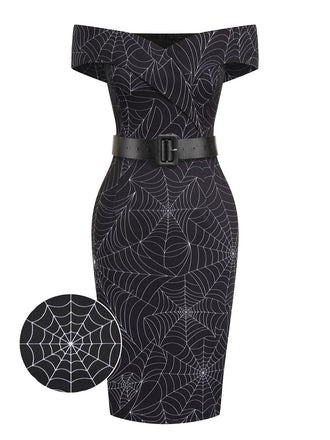 [Vorverkauf] Schwarz 1960er Halloween schulterfreies Spinnennetz Kleid