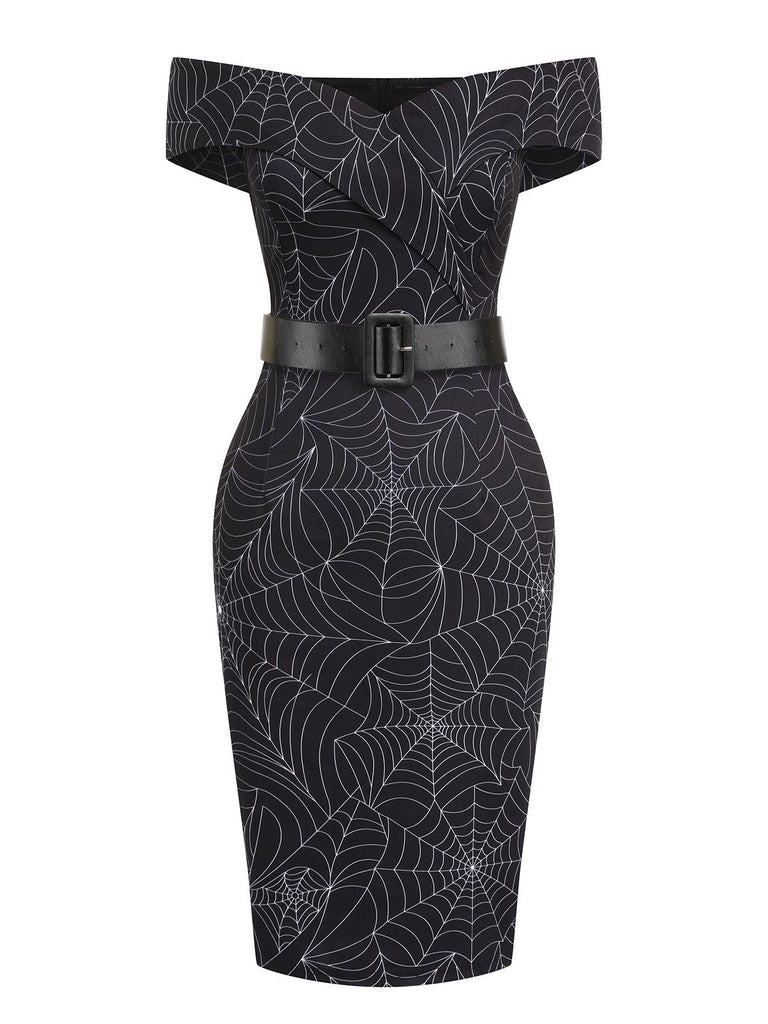 [Vorverkauf] Schwarz 1960er Halloween schulterfreies Spinnennetz Kleid