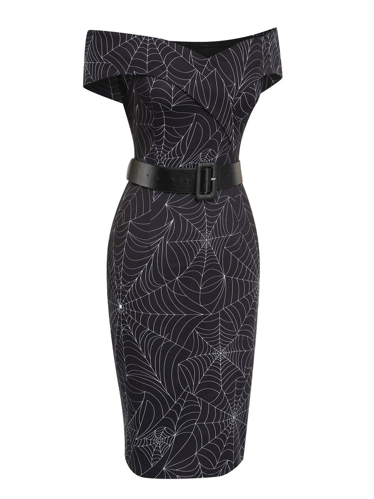 [Vorverkauf] Schwarz 1960er Halloween schulterfreies Spinnennetz Kleid