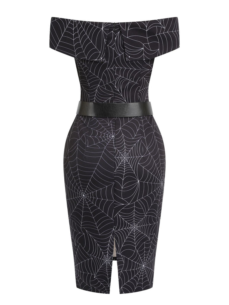 [Vorverkauf] Schwarz 1960er Halloween schulterfreies Spinnennetz Kleid