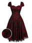 Weinrotes 1950er Gothic Totenkopf Netz Swing Kleid