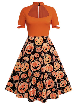 Orange 1950er Halloween Kürbis Swing Kleid