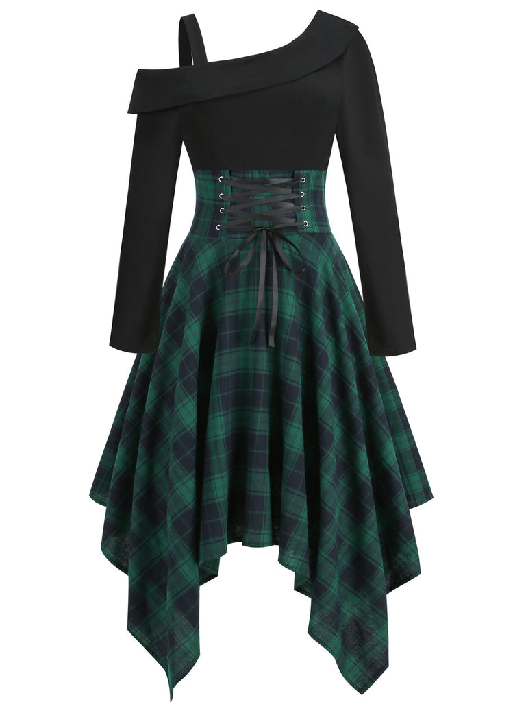 GRÜNES LANGARM PATCHWORK SWING KLEID