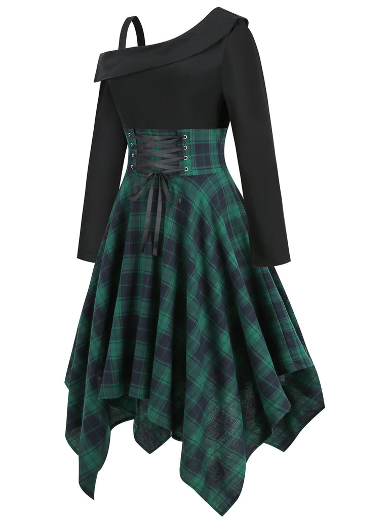 GRÜNES LANGARM PATCHWORK SWING KLEID