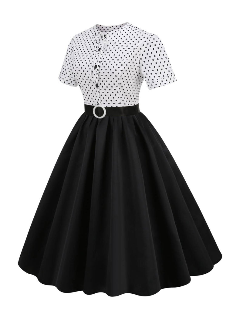 Schwarz 1950er Punkte Patchwork Kleid