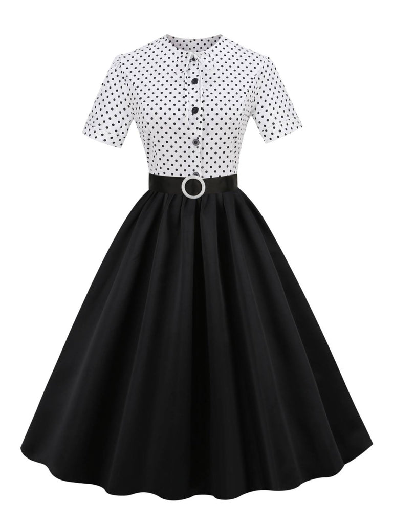 Schwarz 1950er Punkte Patchwork Kleid