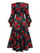 Schwarz 1940er Rosen Laternenärmel Schnürung Kleid