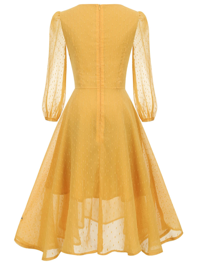 GELBEN TRANSPARENTEN ÄRMELN PATCHWORK KLEID