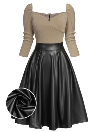 Khaki 1950er Gestrickt Leder Patchwork Kleid