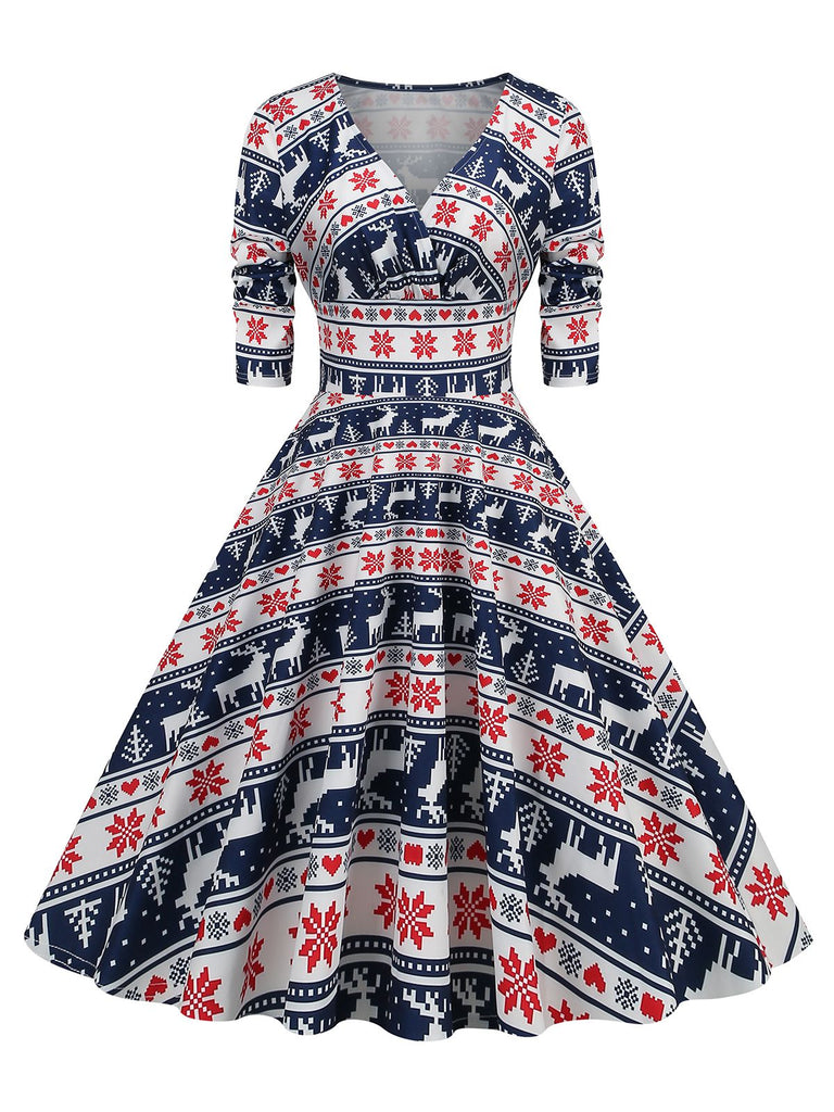1950er V-Ausschnitt Patchwork Weihnachts  Kleid