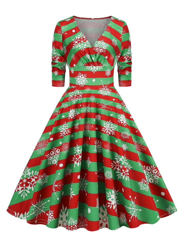 1950er V-Ausschnitt Patchwork Weihnachts  Kleid