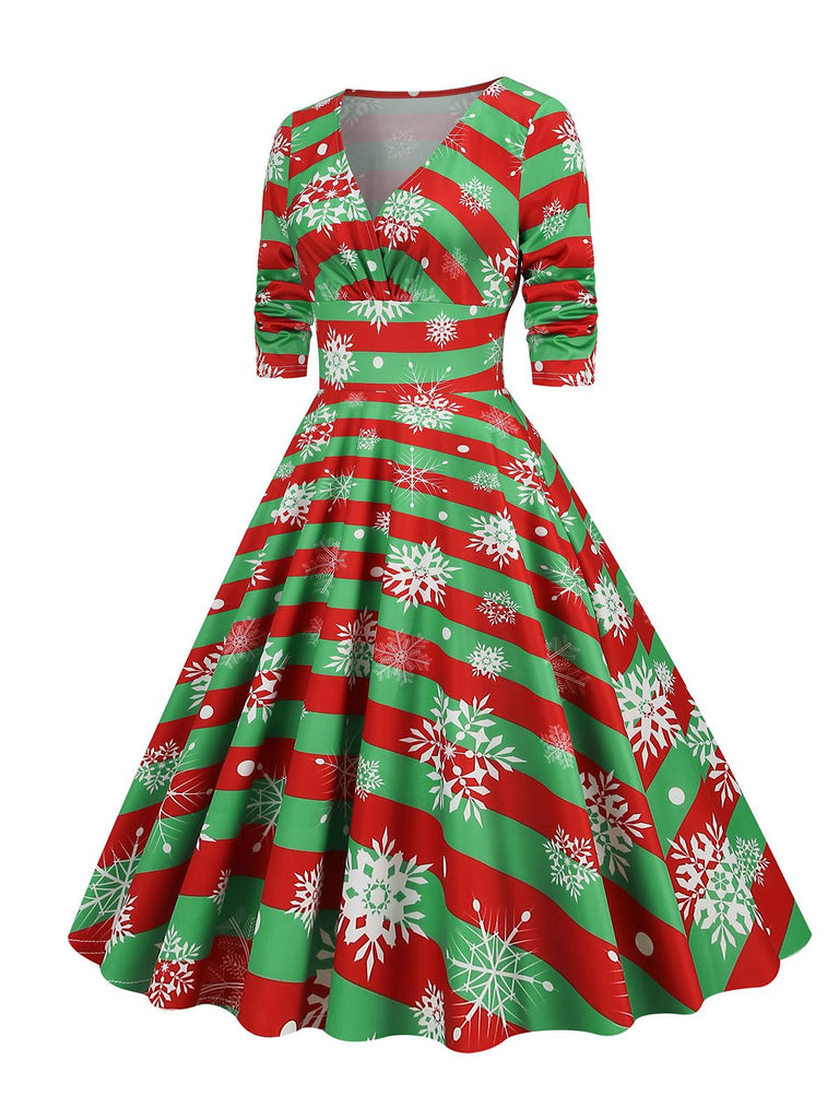 1950er V-Ausschnitt Patchwork Weihnachts  Kleid