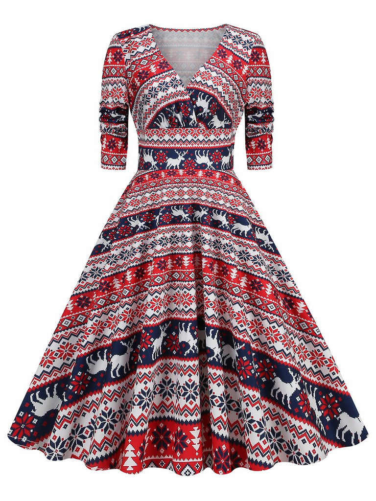 1950er V-Ausschnitt Patchwork Weihnachts  Kleid