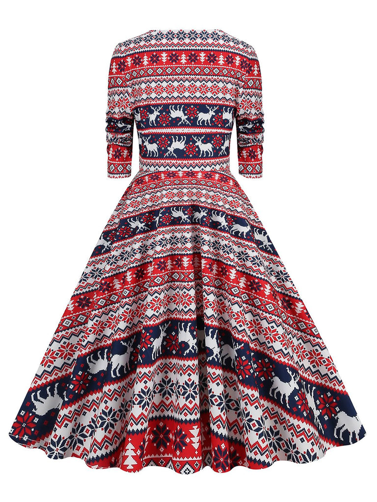 1950er V-Ausschnitt Patchwork Weihnachts  Kleid