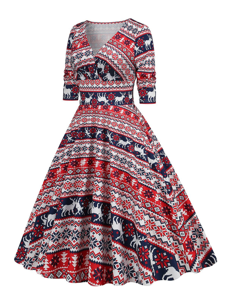1950er V-Ausschnitt Patchwork Weihnachts  Kleid