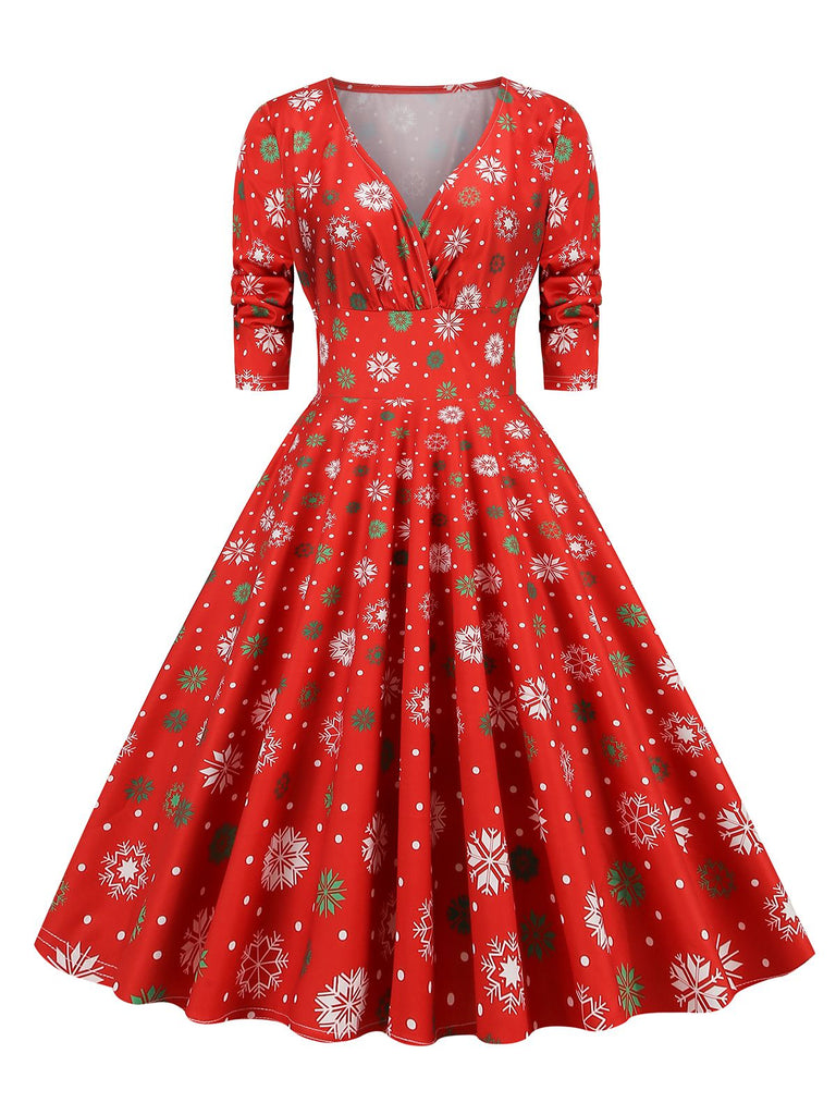 1950er V-Ausschnitt Patchwork Weihnachts  Kleid