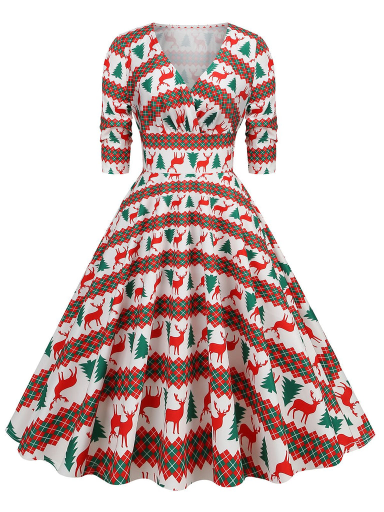 1950er V-Ausschnitt Patchwork Weihnachts  Kleid