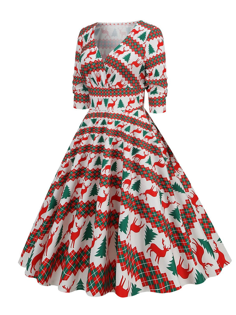 1950er V-Ausschnitt Patchwork Weihnachts  Kleid