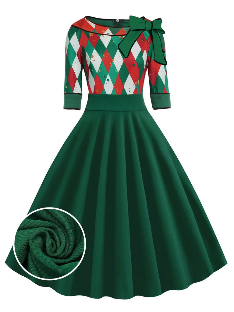 Grün 1950er Weihnachten Plaid Patchwork Kleid