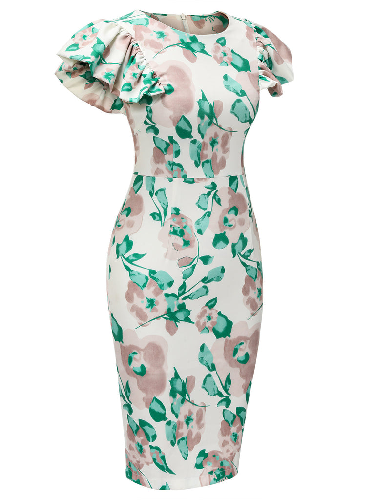 1950er Floral Puffärmel Bleistiftkleid