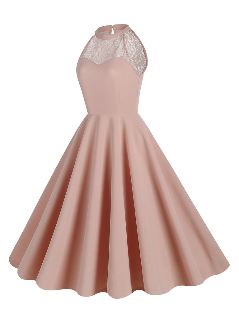 1950er Neckholder Lace-Up Swing Faltenkleid