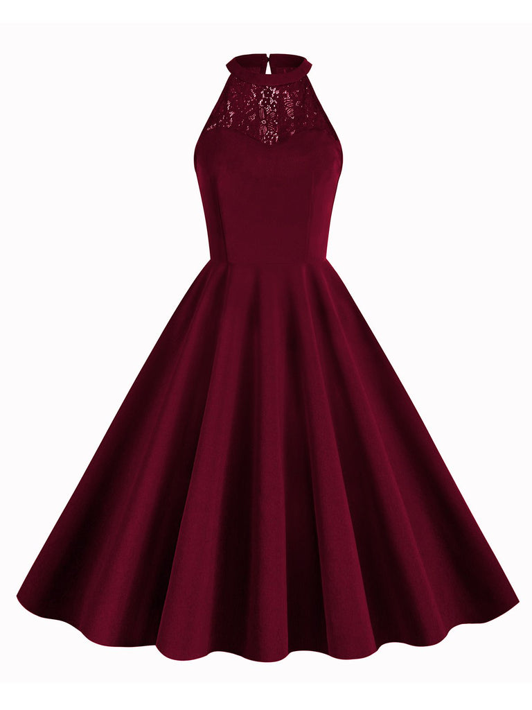 1950er Neckholder Lace-Up Swing Faltenkleid