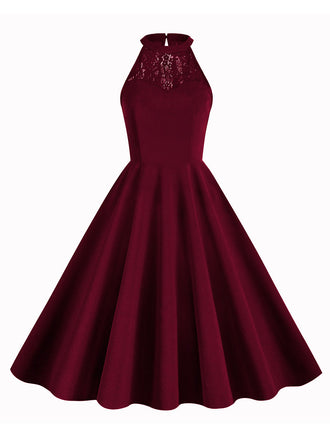 1950er Neckholder Lace-Up Swing Faltenkleid