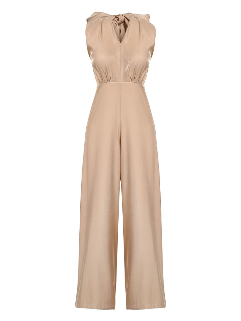 Khaki 1930s Solid V-Ausschnitt Halter Jumpsuit