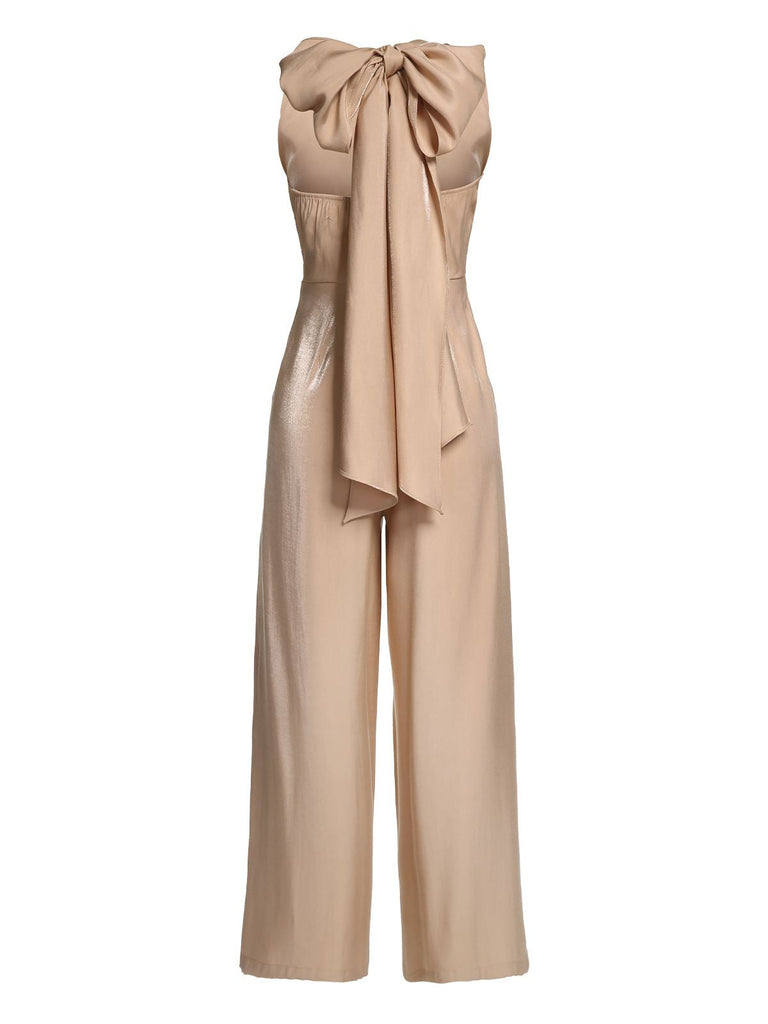 Khaki 1930s Solid V-Ausschnitt Halter Jumpsuit
