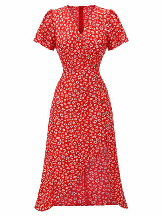 Rot 1940er Blumen V-Ausschnitt Knopf Kleid