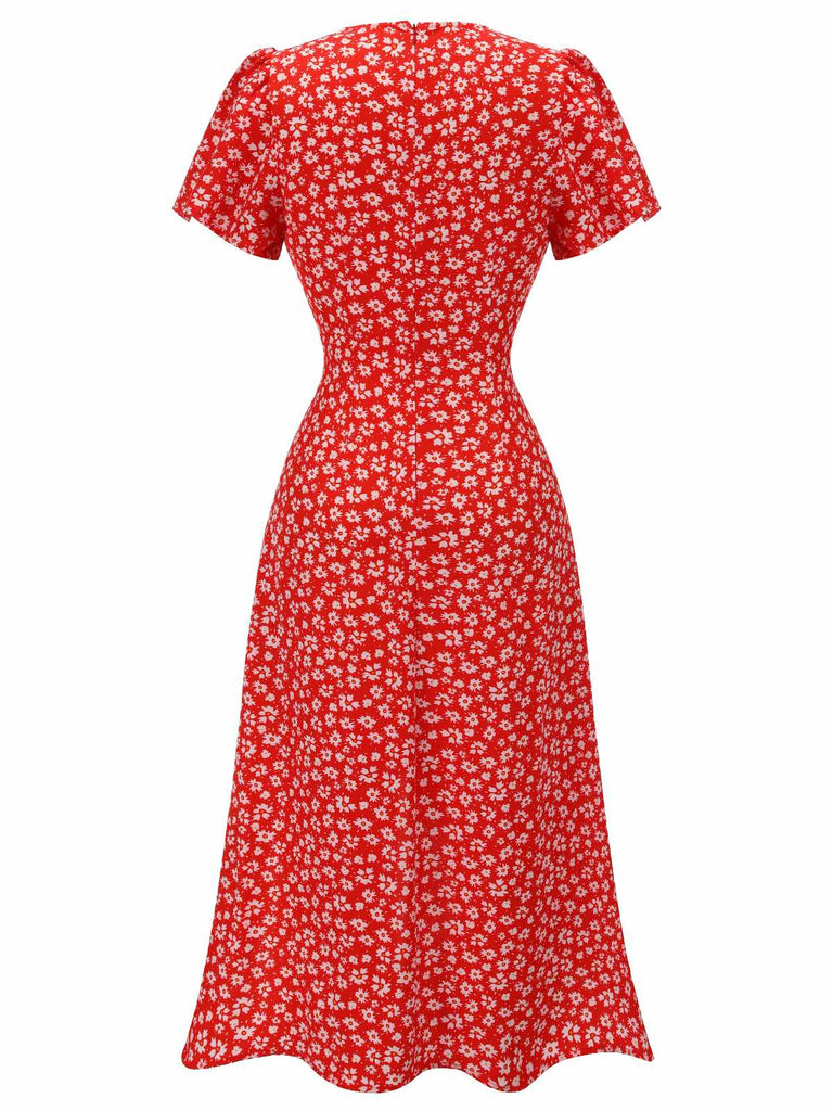 Rot 1940er Blumen V-Ausschnitt Knopf Kleid