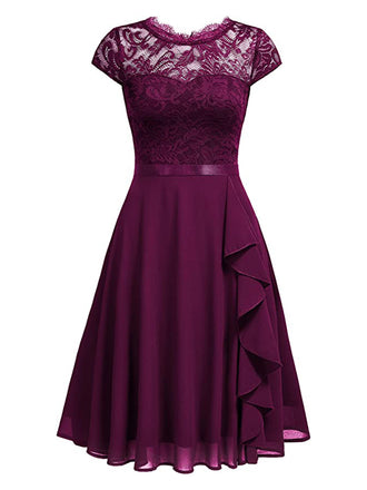 1950er Solides Spitzen Rundhals Patchwork Kleid in Lila