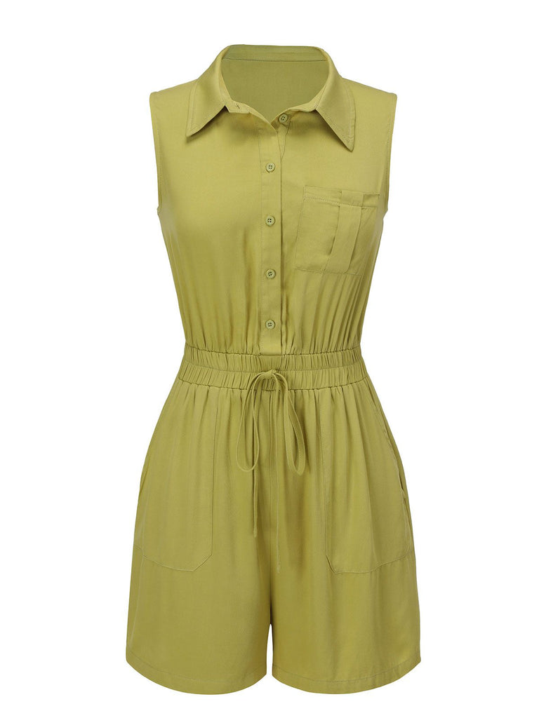 Olivgrün 1950er Solid Revers Gürtel Romper