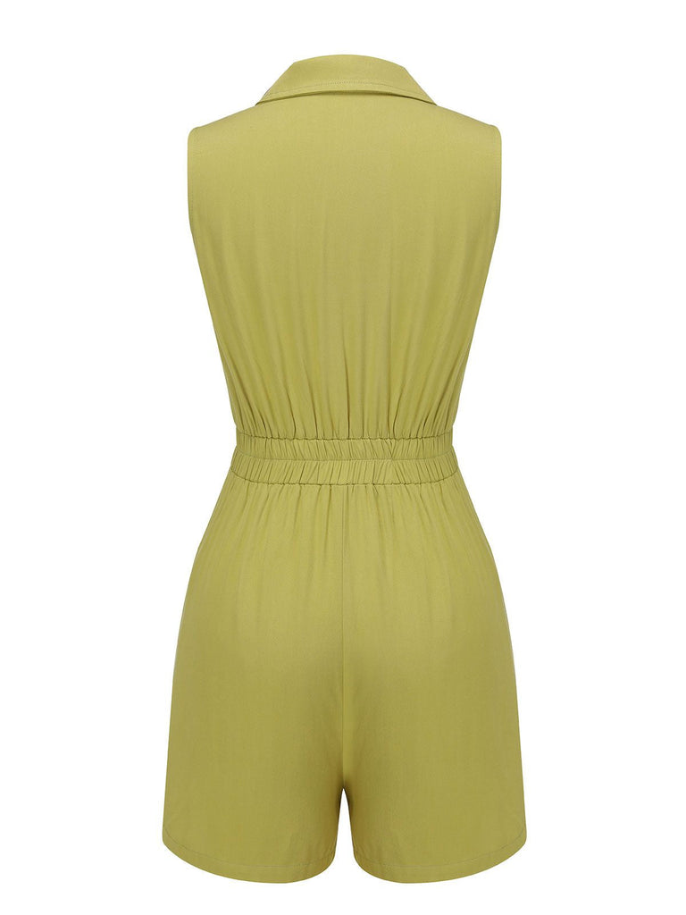 Olivgrün 1950er Solid Revers Gürtel Romper