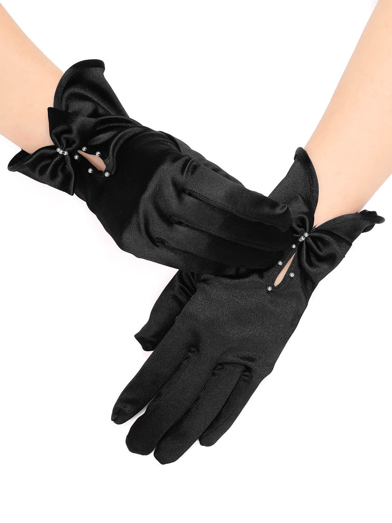Tiefrot Perle Bogen Satin Handschuhe