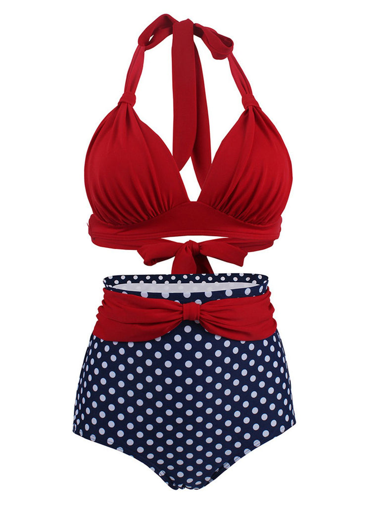 1950er Polka Punkt Plissiert Halter Bikini Set