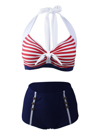 Marineblau Rot 1950er Gestreift Halter Bikini Set