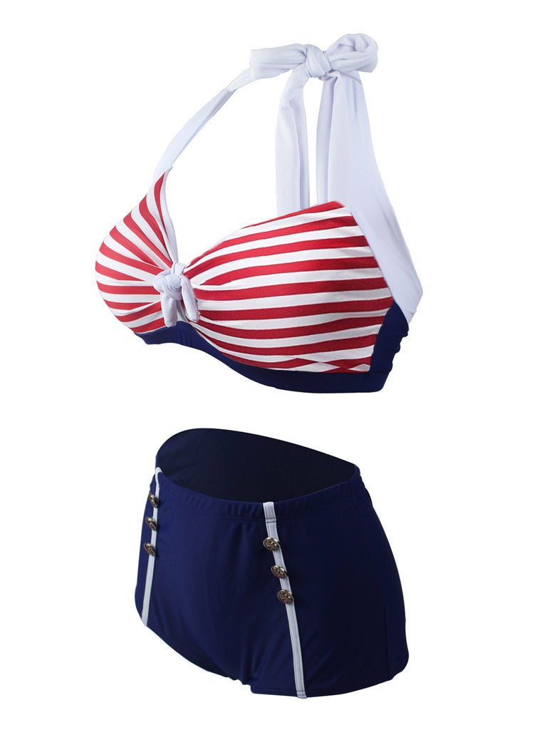 Marineblau Rot 1950er Gestreift Halter Bikini Set