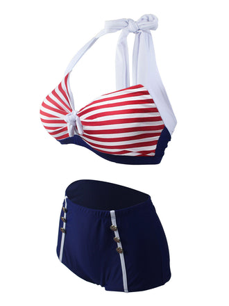 Marineblau Rot 1950er Gestreift Halter Bikini Set
