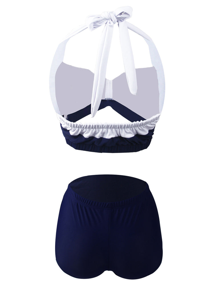 Marineblau Rot 1950er Gestreift Halter Bikini Set