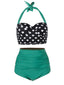 1950er Polka Dot Neckholder Plissiert Bikini Set