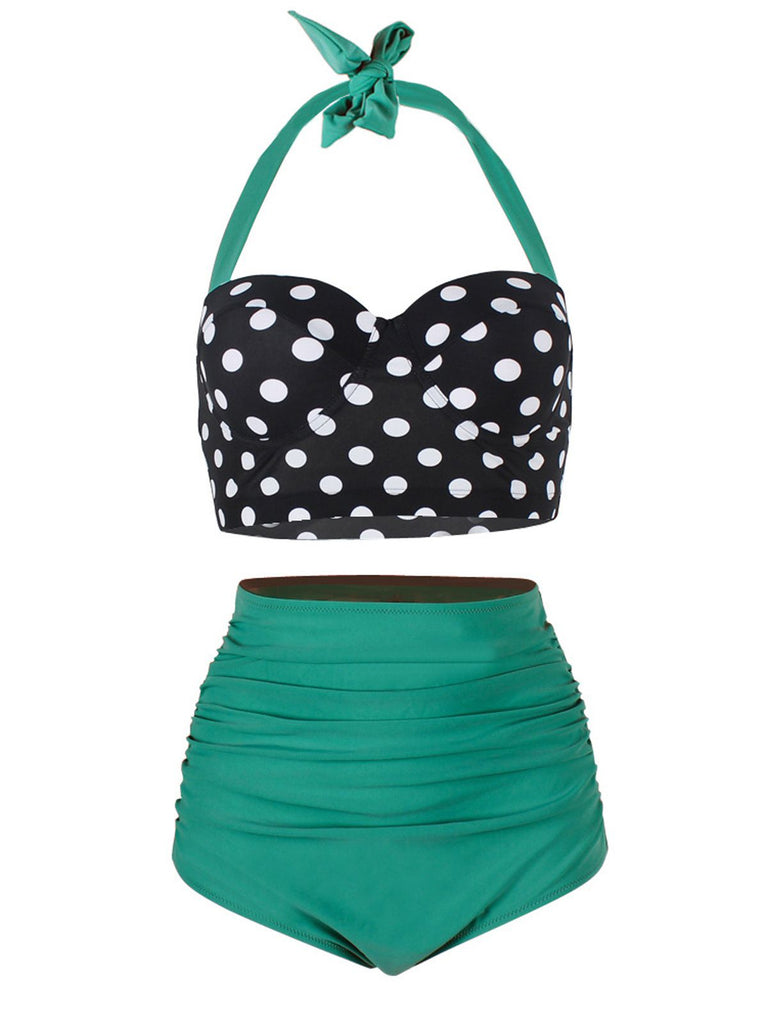 Gelb 1950er Polka Dot Neckholder Plissiert Bikini Set