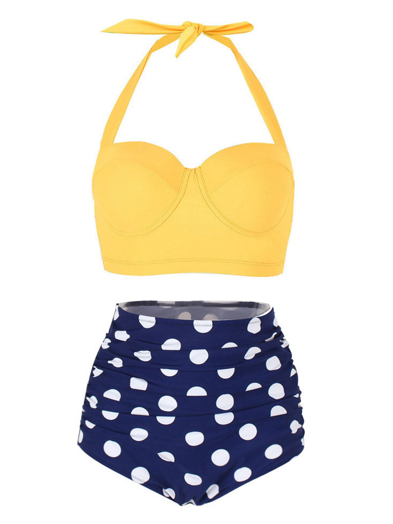 1950er Polka Dot Neckholder Plissiert Bikini Set
