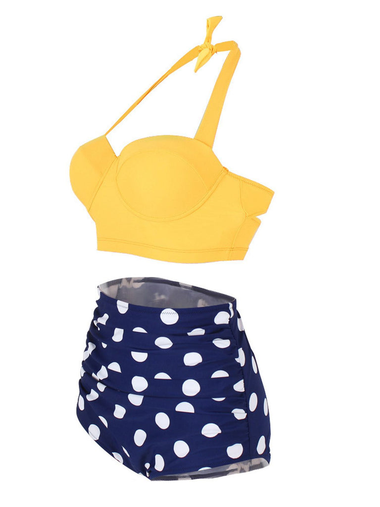 Gelb 1950er Polka Dot Neckholder Plissiert Bikini Set