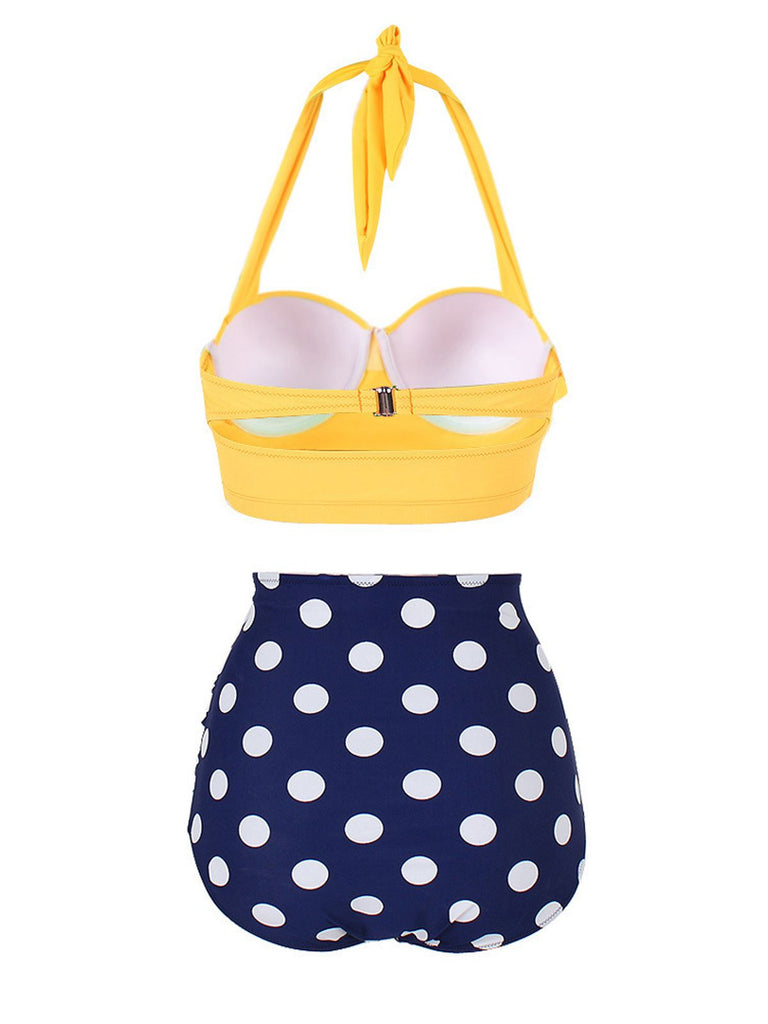 Gelb 1950er Polka Dot Neckholder Plissiert Bikini Set
