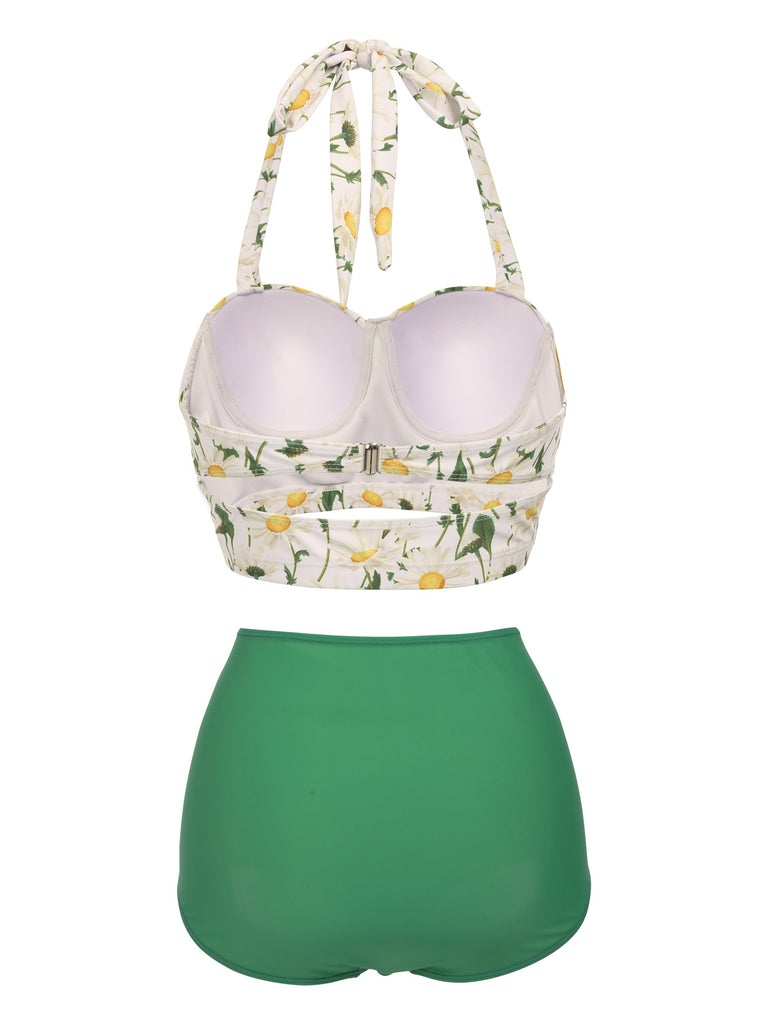 Blau 1950er Floral Neckholder Schnür Bikini Set